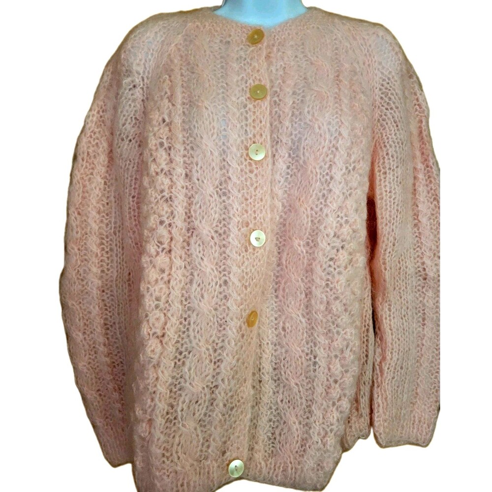 Vtg Brent Pink Mohair Cardigan Sweater Womens L (42) Soft Fuzzy Open Knit READ